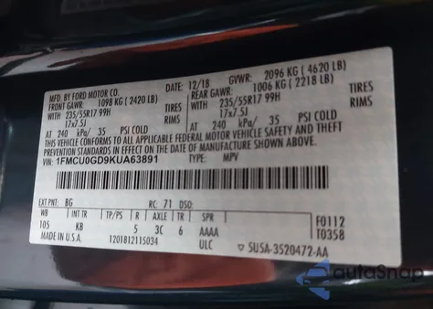 2019 Ford Escape Se z USA, uszkodzony, nr VIN 1FMCU0GD9KUA63891